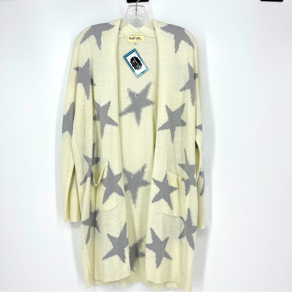 NWT Peach Love Cardigan Sweater Pockets Stars Open Front White & Gray SZ Large - Picture 2 of 6